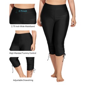 Holipick Womens Black Plus Size Swim Capris High Waisted Swim Pants Drawstring UPF50 + Long Swim Shorts 16W