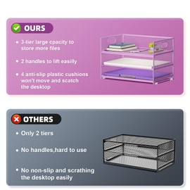 Marbrasse 3 Tier Paper Organizer Letter Tray, Mesh File Organizer with Handle, Paper Sorter Desk Organizer for Home Office Supplies(Purple)