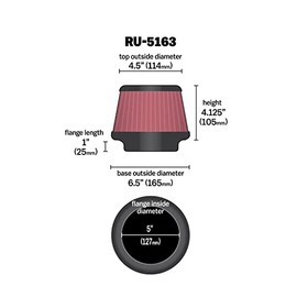 K&N Filtro universal de admisión de aire con abrazadera: alto rendimiento, premium, lavable, filtro de repuesto: diámetro de brida: 5 pulgadas, altura del filtro: 4.125 pulgadas, longitud de la brida: 1 pulgada, forma: redondo cónico, RU-5163