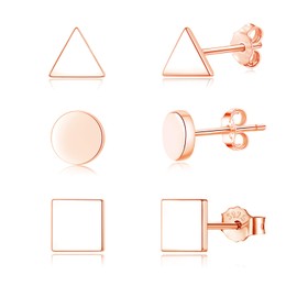 Cangall Rose Gold Silver Earrings for Women, 3 Pairs 925 Sterling Silver Stud Earrings Set for Cartilage Piercings, Hypoallergenic 6mm Mini Simple Sleeper Flat Dot Studs Jewelry Gifts for Girls Men