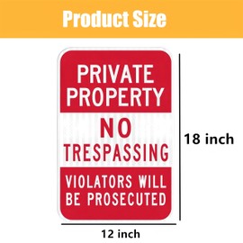 4-Pack Large Private Property No Trespassing Signs, Violators Will Be Prosecuted, 18" x 12" Engineering Grade Reflective Film, Rust-Resistant Aluminum, Weatherproof, Fade-Resistant, Easy to Install
