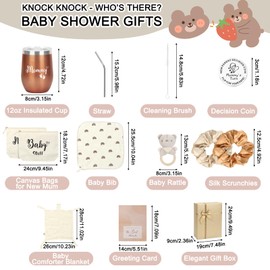Baby Shower Gifts, Newborn Baby Hamper Basket, Gift Set for Newborn Unisex, Boy, Girl - New Baby Gift with Gift Bag for Mum, Insulated Cup, Baby Bib, Rattle, Decison Coin - New Parents Hamper