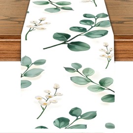 Eucalyptus Table Runner with White Berries – 13x72 Inch Greenery-Inspired Linen-Look Fabric, Rustic Farmhouse Table Decor for Dining Room, Kitchen, Wedding, Spring & Everyday Use