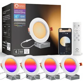 Lumary 6 Inch Smart WiFi Recessed Lighting, RGBWW Canless LED Wafer Downlight, 13W 1000Lm Color Changing, Ultra-Thin w/Anti-Glare Baffle, Compatible with Alexa/Google/Remote-Included, 4PCS