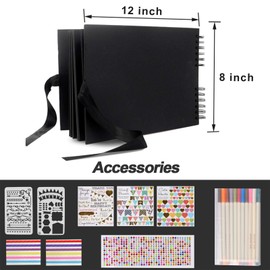 Large Scrap Book, funvce 12"x 8" Photo Album Scrapbook with 80 Pages Black Craft Paper, DIY Picture Book with Pens, Photo Corners for Adults Memory Book, Square Kids Guestbook