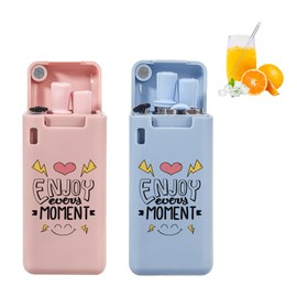 2 Pack Collapsible Stainless Steel Straws With Silicone Tips,Portable Reusable Metal Straw with Travel Case,Drinking Straw Collapsible,Pink and Blue,Text