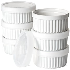 LE TAUCI Ramekins with Lids, 4 OZ Ramekins Oven Safe, Creme Brulee Ramekin Bowls, Ceramic Souffle Dishes with Covers, Custard Cups for Baking, Pudding, Serving Dip, Ice Cream, Set of 6, White