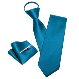 Barry.Wang Solid Color Pre-tied Ties for Men Zipper Necktie and Pocket Square Tie Clip Set Adjustable Teal Tie Wedding