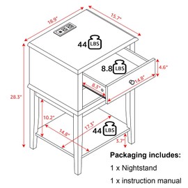 conifferism White Nightstand with Charging Station 28 inches Tall for Bedroom, Sofa Side Table with 2 Drawers,Large End Table with USB Ports,Modern Bedside Table for Home Living Room