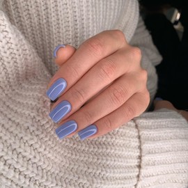 Blue Press on Nails Medium Square, KXAMELIE Natural Acrylic Glue on Nails Medium Length Coffin Nails Press ons Medium Short Gel Nails, Thick Reusable Fake Nails Solid Color 24 False Nails