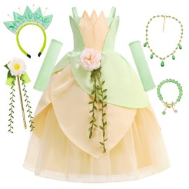 HHYTOKKI Princess Cosplay Frog Dress Costume, Mint Girls Gown with Floral Wand Headband, Jewelry Oversleeves Set 3-11Y (Green Princess Dress, Tag140 (10-11T))