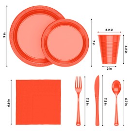 350 PCS Disposable Tableware Combo Pack INCLUDES: 50 9" Orange Plastic dinner plates | 50 7" plastic appetizer plates |50 plastic cups | 50 paper napkins | 50 plastic cutlery spoons forks & knives