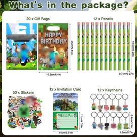 KEVRDRT 106 Pieces Video Game Party Bags, Miner Children's Birthday Party Favours with Invitation Cards, Key Chain, Gift Bags, Stickers, Pencil, Gamer Theme Party Accessories