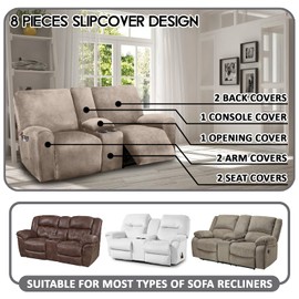 ULTICOR Reclining Love Seat with Middle Console Slipcover, 8-Piece Velvet Stretch Loveseat Reclining Sofa Covers, 2 seat Love seat Recliner Cover, Thick, Soft, Washable, Love seat Slipcovers (Taupe)