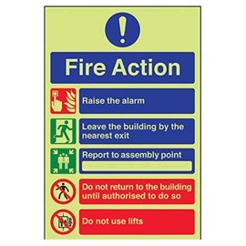 V Safety Glow In The Dark 5 Message Fire Action Notice Sign - 200mm x 300mm - Rigid Plastic