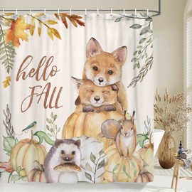 Fall Animal Shower Curtain, Autumn Animals Fox Hedgehog Squirrel Maple Tree Leaves Pumpkins Mushroom Waterproof Fabric Shower Curtain, Rustic Animal Bathroom Shower Curtain with 12PCS Hooks, 70X70IN