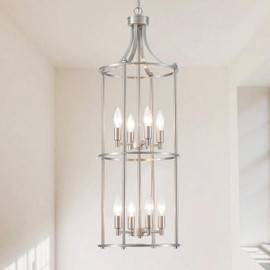 XINGQI Brushed Nickel Chandeliers for High Ceilings, 8 Light Lantern Tiered Chandelier Modern Farmhouse Cage Pendant Lighting Fixture for Staircase Foyer Kitchen Island Dinning Room Living Room
