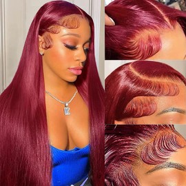 AUOU 99j Burgundy Lace Front Wigs Human Hair 200% Density 13x4 99j Straight Lace Front Wigs Human Hair Wine Red Colored Human hair wig Pre Plucked Glueless HD Lace Frontal Wigs for Women 20 Inch