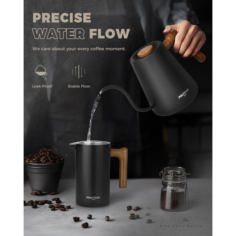 POLIVIAR Electric Gooseneck Kettle, 1350W Electric Tea Kettle Wood Pattern