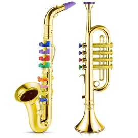 Set of 2 musical instruments include toy trumpet and saxophone set plastic trumpet educational toy home school music gift, color keys(gold) - Color: Gold, Size: Default