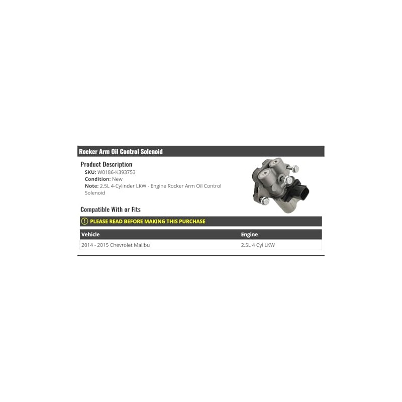 Rocker Arm Control Solenoid - Compatible with 2014-2015 Chevy Malibu