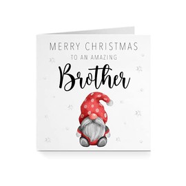 Merry Christmas To An Amazing Brother Seasonal Gonk Gnome Red Heart Watercolour Greeting Card For Him Step-Brother Xmas A788
