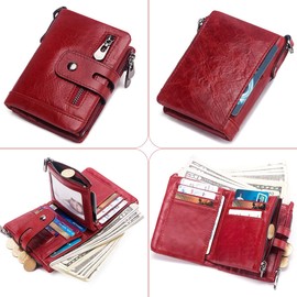 REETEE Ladies Leather Purse RFID Blocking Women's Wallet Multiple Compartment Zipper Coin Purse and 16 Card Slots Bifold Leather Lady Wallet with Chain,Small Womens Purses Leather (red)