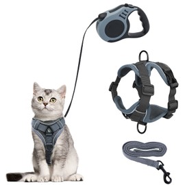 QKTYB Cat Harness and Cat Lead Set, Automatic Retractable Dog Lead with Harness for Cats, Escape Proof Cat Lead, Cat Harness Set with Lead for Cats, Kittens, Dogs (M, Grey)