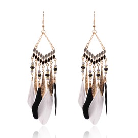Feather Earrings for Women Girls Long Tassel Feather Dangle Earrings Vintage Multicolor Boho Beaded Tassel Earrings Jewelry Gifts (black)
