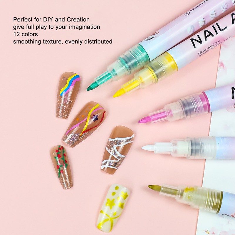 12Pcs 3D Nail Polish Pens 0.5mm Tip Bright Colors Easy