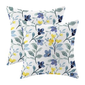 GIOPAMGO Yellow Blue Flower Pillow Covers 16x16 Set of 2, Watercolor Plants Farmhouse Decorations Throw Pillow Covers Vintage Floral Leaves Outdoor Decorative Linen Cushion Case for Couch Sofa Home