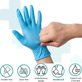 Handicare Blue Nitrile Disposable Gloves, Powder Free,Latex Free, Medical Exam, Cleaning and Food Prep, Non-Sterile, Textured Fingertips, Beaded Cuff, (Box of 100, Large)