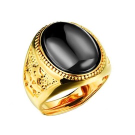 PAURO Mens Stainless Steel 18K Gold Plated Engagement Oval Onyx Band Rings Adjustable, Black