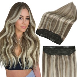 Fshine Wire Hidden Hair Extensions Light Brown Highlighted Butter Blonde Invisible Wire Hair Extensions Fish Line Long Straight Hair Extensions Clip in Hair Extensions Real Human Hair 20 Inch 120G