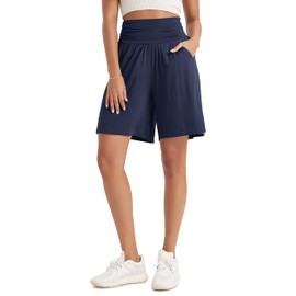 ODODOS Women's Wide Leg Lounge Shorts with Pockets Lightweight Soft Relaxed Casual Pajama Bottom-8" Inseam, Navy, Large