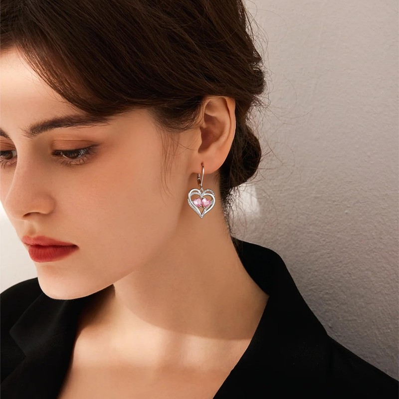 925 Sterling Silver Heart Earrings for Women Pink Silver Dangle