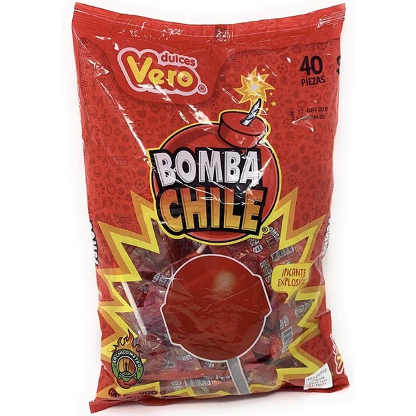 Vero Bomba Chile Paletas Fresa Flavor Mexican Hard Candy LolliPops 40 pcs