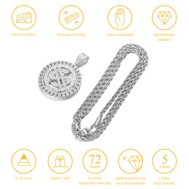 Halukakah Gold chain for men, 18 carat real gold / platinum white gold, money dollar pendant necklace, full cubic zirconia, laboratory diamonds with rope chain, 60 cm, tennis chain, 50 cm, free gift