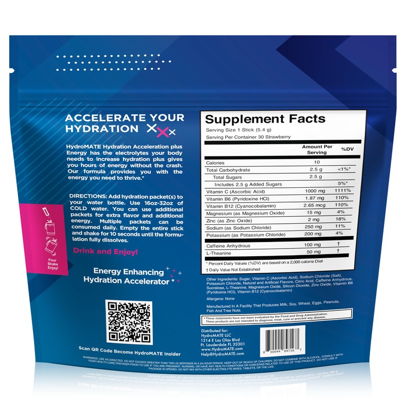 HydroMATE Electrolytes Powder Drink Mix Packets Hydration Accelerator Low Sugar