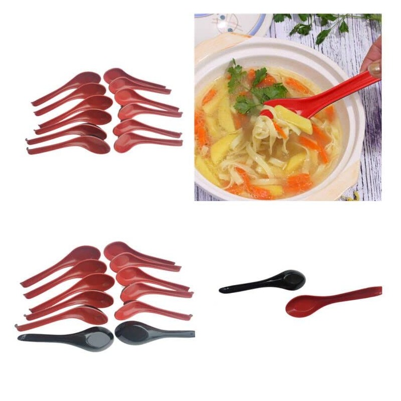Plastic Large Soup Spoons with Long Handle, Red and Black