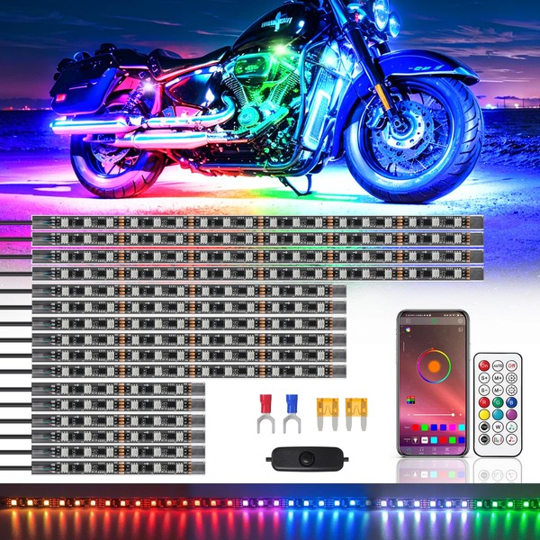 ZONECONA 16PCS Chasing Effect Motorcycle RGB LED Lights Kit with APP/RF Remote Brake Turn Signal, Dreamcolor Motorcycle Underglow Lights Neon Strip MultiColor Underbody 12v Waterproof for Harley Honda
