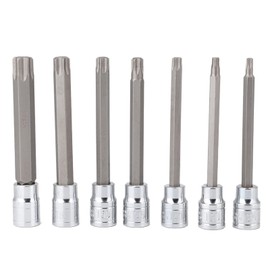7-Piece Torx Star Bit Socket Set 7 Pieces 3/8inch Drive Extra Long Torx Star Bit Socket Set, Chrome-Vanadium Steel Material, Plastic Case for Storage and Transportation