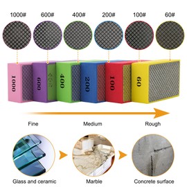 SUNJOYCO 6PCS Diamond Hand Polishing Pads, Diamond Sanding Pads, Sanding Block with Sponge Backing for Glass Tile Stone Grit 60# 100# 200# 400# 600# 1000#