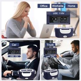 Electric Heated Lunch Boxes Adults: 80W Electric Lunch Box Food Heated 12/24/110V 1.5L Heatable Lunch Box for Car/Truck/Office Leak-Proof Stainless Steel Container, Fork & Spoon, Bag (Blue+White)