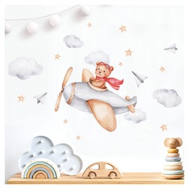 Little Deco DL871-8 Wall Sticker Bear in Plane for Children's Room Teddy Bear Baby Room Wall Decoration