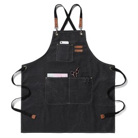 EWIZ Cotton Linen Apron Adjustable Straps with Three Pockets for Men Women Chef Artist Baker Barista Bartender, black