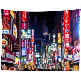 Loccor 92''x70'' Tokyo City Tapestry Japan Neon Lights Signboard Billboards Shinjuku Street Night View Wall Hanging for Kids Adults Party Decorations Living Room Dorm Decor