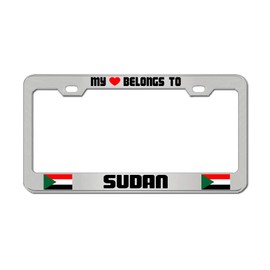 General Tag My Heart Belongs to Sudan License Plate Frames Flag Country Politics Chrome Metal Auto Car Truck SUV Aluminum