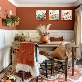 PBXBJY Pumpkin Wall Art Fall Canvas Prints 3 Pieces Autumn Pumpkin Pictures Thanksgiving Painting Poster Rustic Farmhouse Kitchen Decor Frame (12x12inchx3Pcs)