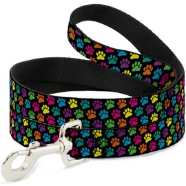 Buckle-Down Pet Leash - Paw Print Black/Multi Color - 4 Feet Long - 1.5" Wide